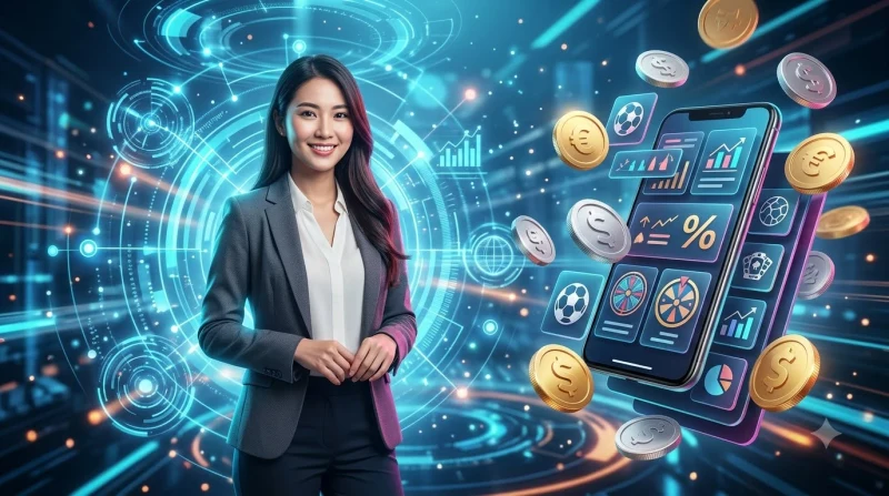 Điện thoại hiển thị ứng dụng VSbet với biểu tượng bảo mật và tiền xu