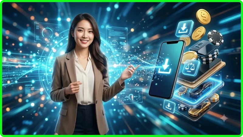 Điện thoại hiển thị ứng dụng VSbet với biểu tượng bảo mật và tiền xu