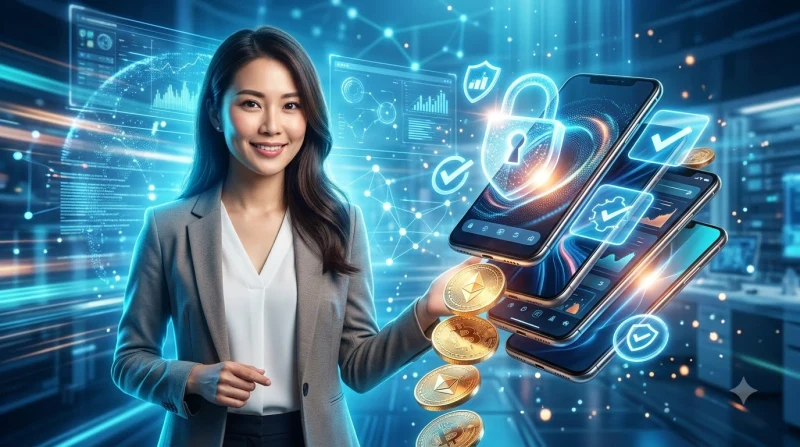 Game nổ hũ - Hình minh họa điện thoại với giao diện nổ hũ và các biểu tượng bước chơi an toàn