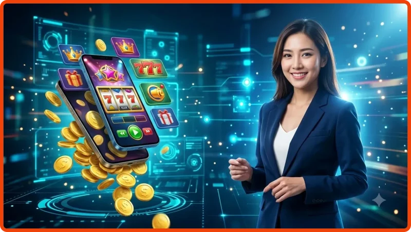 Hack nổ hũ - Hình ảnh kính lúp soi vào máy nổ hũ với biểu tượng khóa và khiên bảo mật, ngụ ý không thể hack