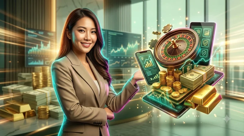 Thiết bị điện tử hiển thị trò chơi roulette online và thẻ thanh toán